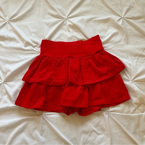 Red ruffle foldover waist cotton mini skirt with under shorts - Picture 2 of 7